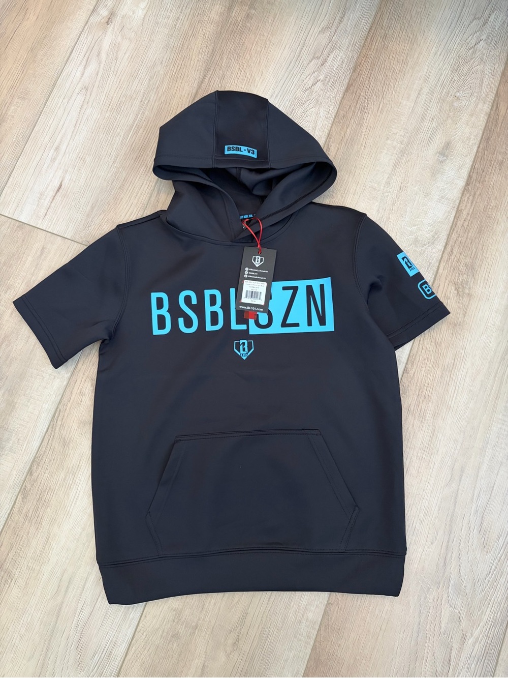 BSBL SZN Boys' Short-Sleeve Hoodie in Black with Blue Logo V3 Hoodie